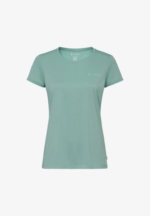 Hellpetrolfarbenes T-Shirt für Damen, kurzärmelig mit Rundhalsausschnitt, kleinem Vaude-Logo auf der linken Brust und im Innenkragen.