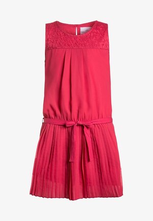 Robe sans manches rose avec un corsage en dentelle, jupe plissée et une ceinture à nouer à la taille. Dispose d'un col rond et d'une ouverture dans le dos.