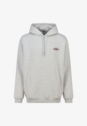 Grauer Kapuzenpullover aus weichem Material, mit einer vorderen Tasche, Kapuze mit Kordelzug und kleinem, dunkelbraunem Sticklogo.