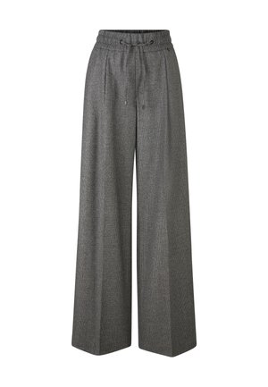 Weite Hose aus grauem Tweed mit einem elastischen Bund und Bindeband, seitlichen Taschen und einem strukturierten Muster.
