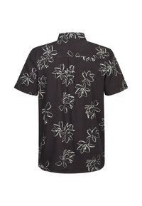 Koszula z krótkim rękawem z czarnego materiału z białym kwiatowym wzorem, o luźnym kroju i kołnierzyku na guziki. Zawiera zakładkę z tyłu.
