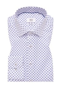 Camicia bianca con motivo geometrico blu, design moderno con vestibilità slim, colletto a bottoni e polso a un bottone. Tessuto testurizzato con colletto strutturato.