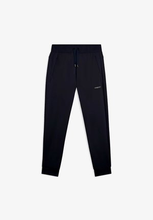 Pantaloni jogger blu navy realizzati in tessuto morbido, con vita elasticizzata e cordoncino, due tasche laterali e polsini a coste. Dettaglio del logo in argento.