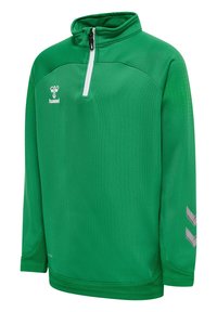 Grön tröja med halv dragkedja, tillverkad av textil med struktur. Har vit dragkedja och grå chevrons på ärmarna, designad för träningskläder.