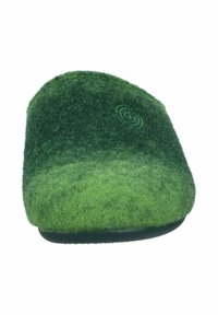 Green felt slipper featuring a gradient design, smooth texture, and a rounded toe. Subtle logo embossed on the side. Flat sole.