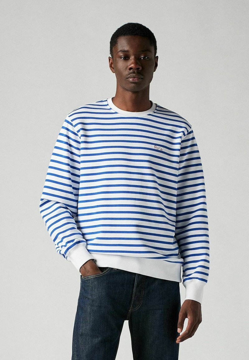 Gestreepte sweatshirt in wit en blauw, met een ronde halslijn, ribgebreide manchetten en zoom, en een klein logo op de borst. Getextureerde stof.