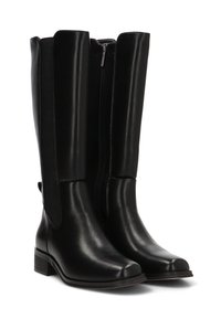 Botas altas de cuero negro con un acabado suave, que cuentan con una cremallera lateral y un tacón bajo apilado. Diseño esbelto con un ajuste ceñido alrededor de la pantorrilla.