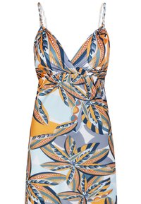 Bunt gefärbtes Kleid mit V-Ausschnitt, verstellbaren geflochtenen Trägern und einem floralen Muster in Orangetönen, Blau und Creme.