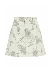 Jupe patineuse gris clair avec des motifs floraux et d'oiseaux. Fabriquée en tissu avec une finition texturée. Présente une taille haute et un détail de bouton à l'avant.