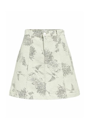 Jupe patineuse gris clair avec des motifs floraux et d'oiseaux. Fabriquée en tissu avec une finition texturée. Présente une taille haute et un détail de bouton à l'avant.