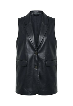 Sort, ærmeløst lædervest med reverskrave, to knapper foran og klaplommer på hver side.