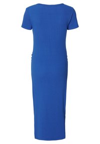 Blauwe, korte mouwen jurk gemaakt van rekbaar materiaal, aansluitend ontwerp, kniehoogte, met geplooide details aan de zijkanten.