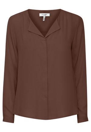 Blusa marrone a maniche lunghe realizzata in tessuto liscio, con scollatura a V e un'apertura frontale senza bottoni. Design semplice e pulito con taglio dritto.