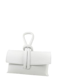 White leather handbag with a structured rectangular shape and a distinctive loop handle. Features a fold-over design with visible stitching.