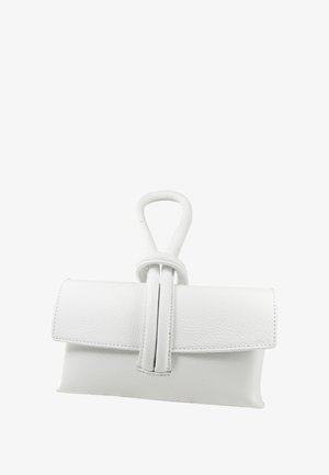 White leather handbag with a structured rectangular shape and a distinctive loop handle. Features a fold-over design with visible stitching.