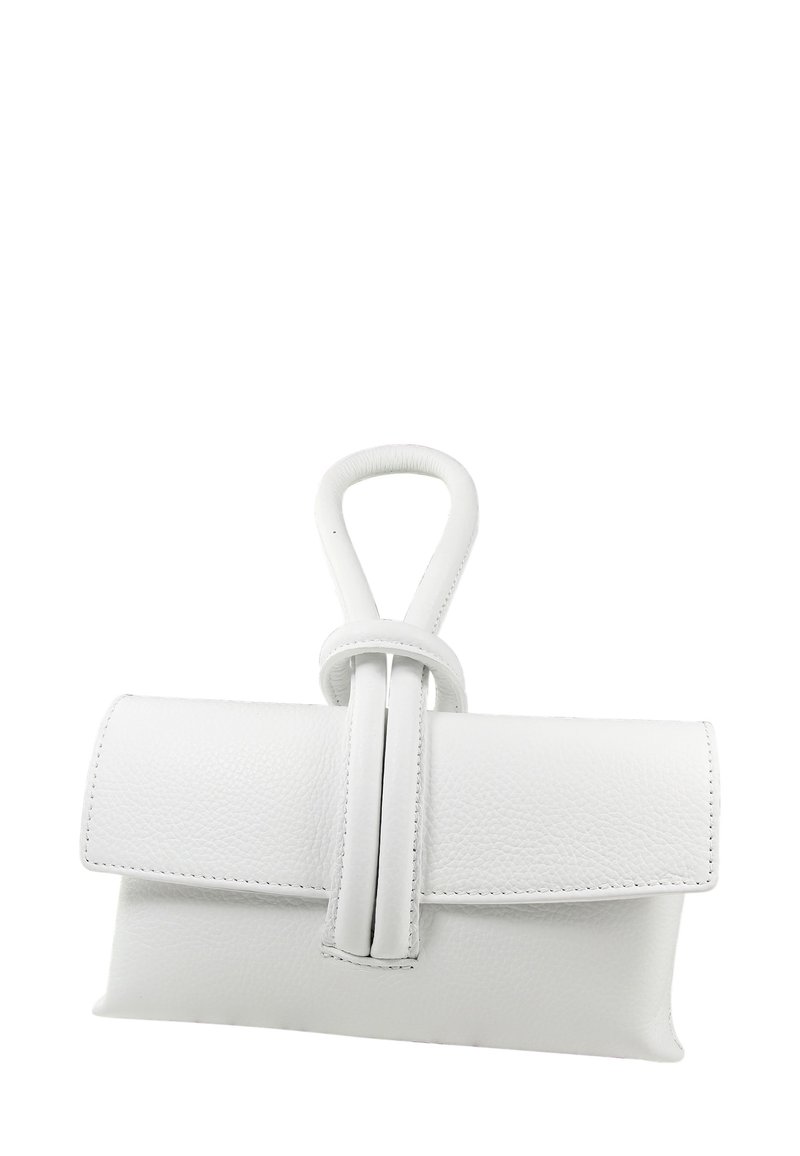 White leather handbag with a structured rectangular shape and a distinctive loop handle. Features a fold-over design with visible stitching.