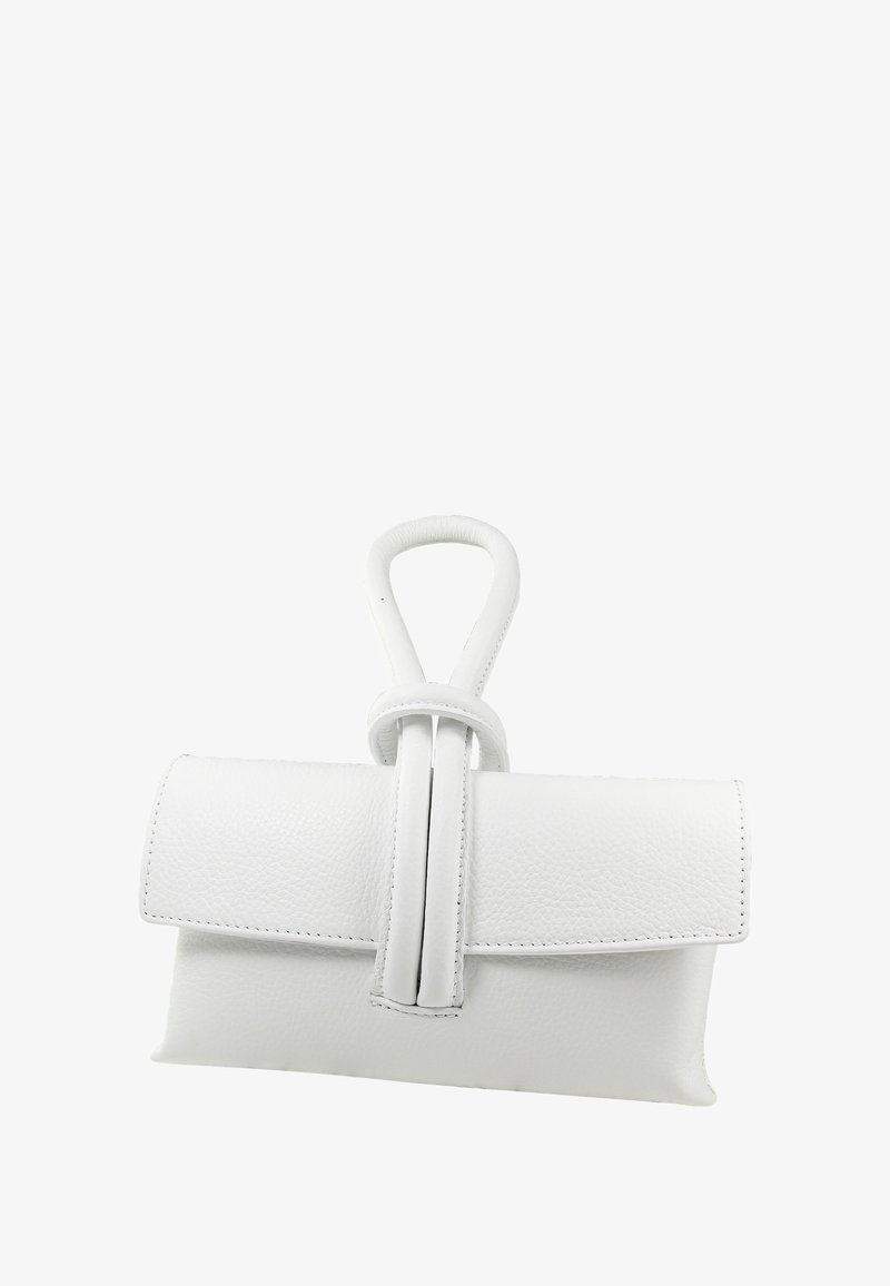 White leather handbag with a structured rectangular shape and a distinctive loop handle. Features a fold-over design with visible stitching.