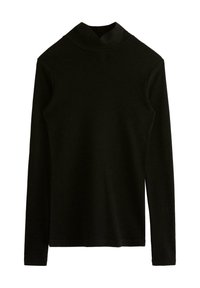 Sort langærmet turtleneck skjorte lavet af et blødt, strækbart stof. Har et tætsiddende design med en høj, foldet krave og ingen synlig hardware.