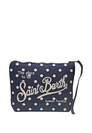 Bustina con zip blu navy con pois bianchi, cinturino per polso e testo "The place to be Saint Barth Summer Paradise" sul davanti.