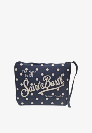 Bustina con zip blu navy con pois bianchi, cinturino per polso e testo "The place to be Saint Barth Summer Paradise" sul davanti.