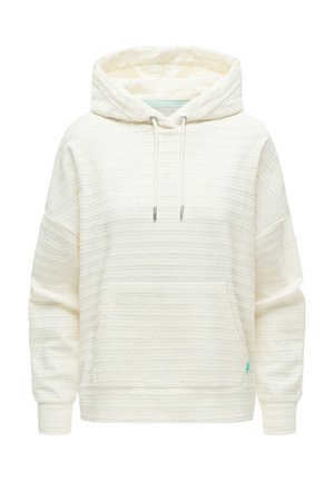 Kremfarget, quiltet hettejakke med frontlomme, lange ermer, snøring i hetten og subtile horisontale teksturstriper.