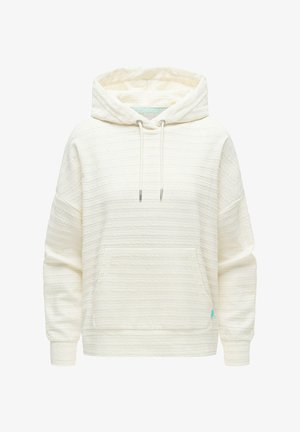 Felpa con cappuccio trapuntata color crema con tasca frontale, maniche lunghe, cappuccio con cordoncino e sottili strisce orizzontali in rilievo.