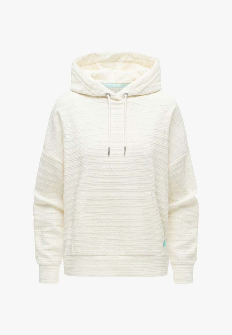 Cremefarbener, gesteppter Kapuzenpullover mit Kängurutasche, langen Ärmeln, Kordelzugkapuze und dezenten horizontalen, strukturierten Streifen.