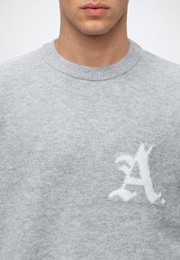 Gros plan d'une personne portant un pull en tricot gris clair avec une lettre décorative blanche A sur la poitrine.