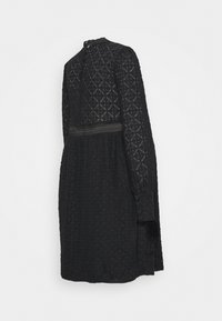 Vestido preto de renda com um padrão de diamante texturizado, decote redondo, mangas longas e um detalhe na cintura. Apresenta botões nos punhos.