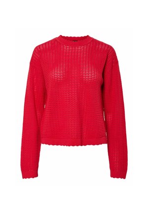 Rdeča pletena jopica z ohlapnim krojem, okroglo oblazinjeno izrezom in dolgimi rokavi. Teksturna vzorec z odprtimi šivi po celotni površini.