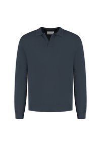 Navyblauw gebreid polo sweater met lange mouwen, een klassieke kraag en geribde boorden en zoom.