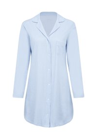Hellblau gestreiftes Langarmhemd mit durchgehender Knopfleiste, eingeschnittener Kragen und einer Brusttasche. Glatte Stofftextur.