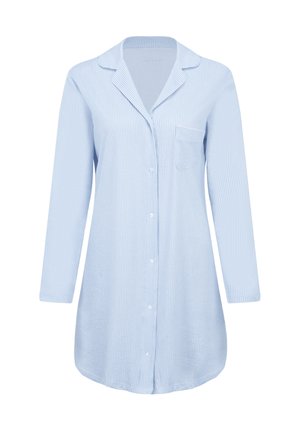 Lichtblauw gestreept overhemd met lange mouwen, met een knoopsluiting aan de voorkant, een afgeknipte kraag en een enkele borstzak. Glad stoffen textuur.