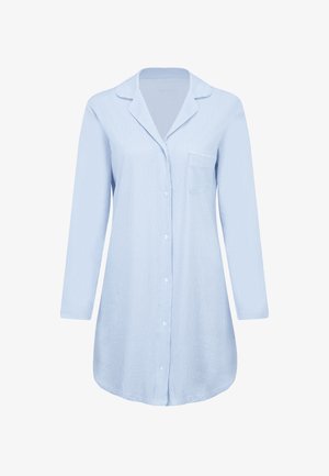 Light blue striped long-sleeve shirt with a button-down front, notched collar, and a single chest pocket. Smooth fabric texture.