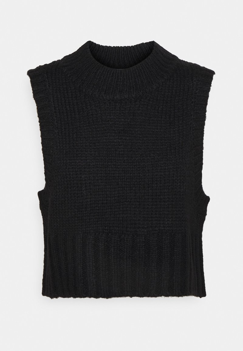 Gilet sans manches en laine noire avec un col rond haut et un ourlet côtelé sur fond blanc.
