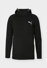 Sweat à capuche noir en tissu lisse avec un col montant, arborant un logo Puma blanc sur la poitrine gauche et des panneaux latéraux texturés.