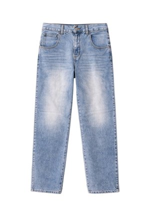 Jeans in denim azzurro chiaro con leggera scoloritura sulle cosce, tasche frontali, passanti per cintura e chiusura con bottone in vita.