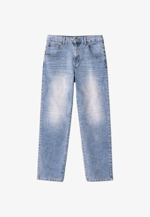 Jeans in denim azzurro chiaro con leggera scoloritura sulle cosce, tasche frontali, passanti per cintura e chiusura con bottone in vita.