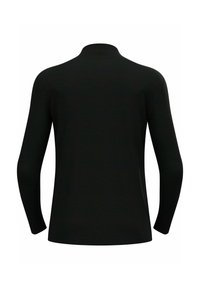 Schwarzes Langarm-Polohemd mit hohem Kragen, aus glattem Stoff gefertigt, mit tailliertem Design und nahtlosen Schulterakzenten.