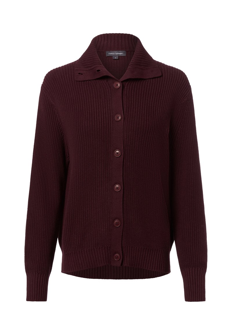 Cardigan a coste bordeaux con colletto, sette bottoni e polsini aderenti. Presenta una vestibilit comoda e un tessuto testurizzato.