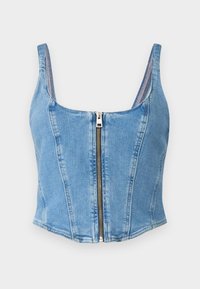 Top scurt din denim de culoare albastră deschisă, cu decolteu rotund, cusături structurate și închidere cu fermoar în față. Textură netedă și siluetă ajustată.