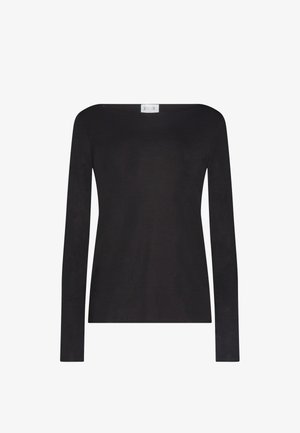 Sort langærmet top med rund halsudskæring, lavet af blødt stof, med tætsiddende design og uden synlige mønstre eller metaldele.