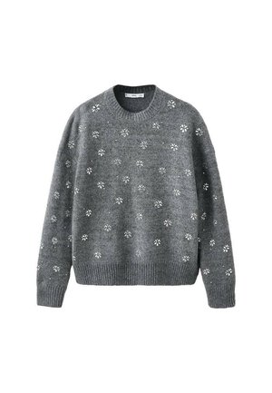 Pull en tricot gris avec un col rond, des manches longues et des motifs floraux blancs dispersés. Les poignets et l'ourlet côtelés ajoutent de la texture.