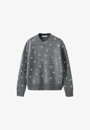 Suéter de punto gris con cuello redondo, mangas largas y diseños florales blancos dispersos. Los puños y el dobladillo acanalados añaden textura.