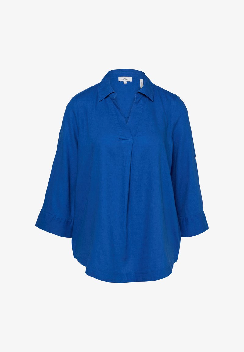 Niebieska bluzka z długimi rękawami, dekoltem w serek i rękawami o długości 3/4 zakończonymi delikatnymi falbankami.