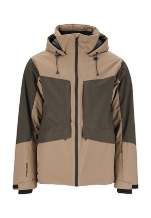 Isolierte Jacke in Beige und Dunkelgrün, mit hohem Kragen, verstellbare Kapuze und zwei großen Fronttaschen mit Reißverschluss.