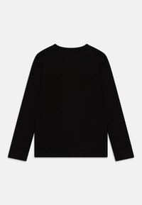 Long-sleeve black shirt with a round neck, made from soft fabric. Simple design, straight cut, with no visible patterns or accents.