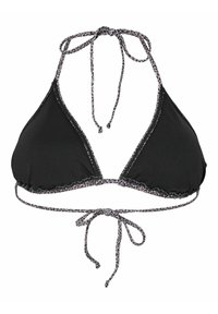 Haut de bikini triangle noir avec fines bretelles à nouer imprimé léopard autour du cou et du dos, bords froncés le long de la couture inférieure.