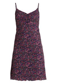 Bezramenné květinové šaty s fialovým pozadím a vzory růžových a burgundských květin, texturovaná látka a jemně zvlněný lem.