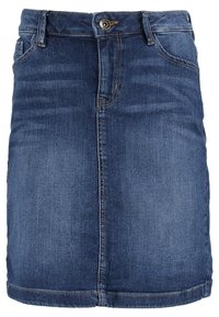 Džínová sukně v tmavě modré barvě s rovnýcm střihem, zapínání na horní knoflík, poutka na opasek a jemné detaily v šití. Sukně je střední délky.